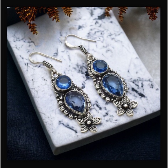 Blue Topaz Handcrafted Long Drop Dangle Earrings 2.08" Made In India New W Tags - Picture 2 of 12